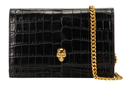 Small Skull Flap Crossbody, &pound;450, Handbags, Black, Croc Embossed, Front view